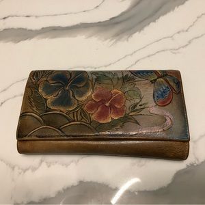 Anuschka Wallet Flowers & Butterflies Handpainted Leather 7.25" x 4"